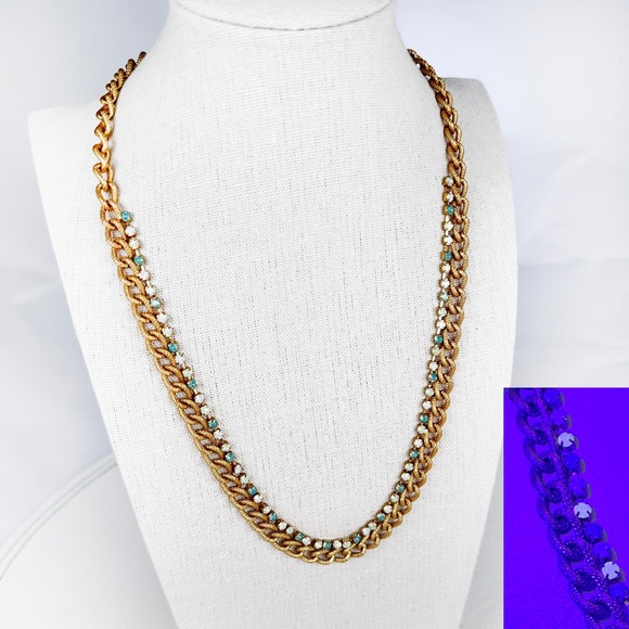 Spartina 449 Gold Tone Chain Necklace Turquoise Uranium Glass Beads Signed 18